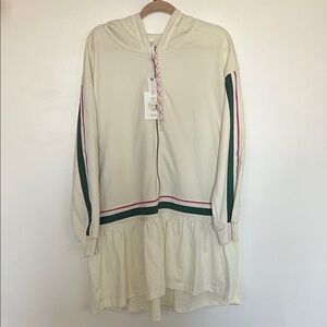 Cream Hooded Long-Sleeve Dress with Green & Pink Stripe Accents